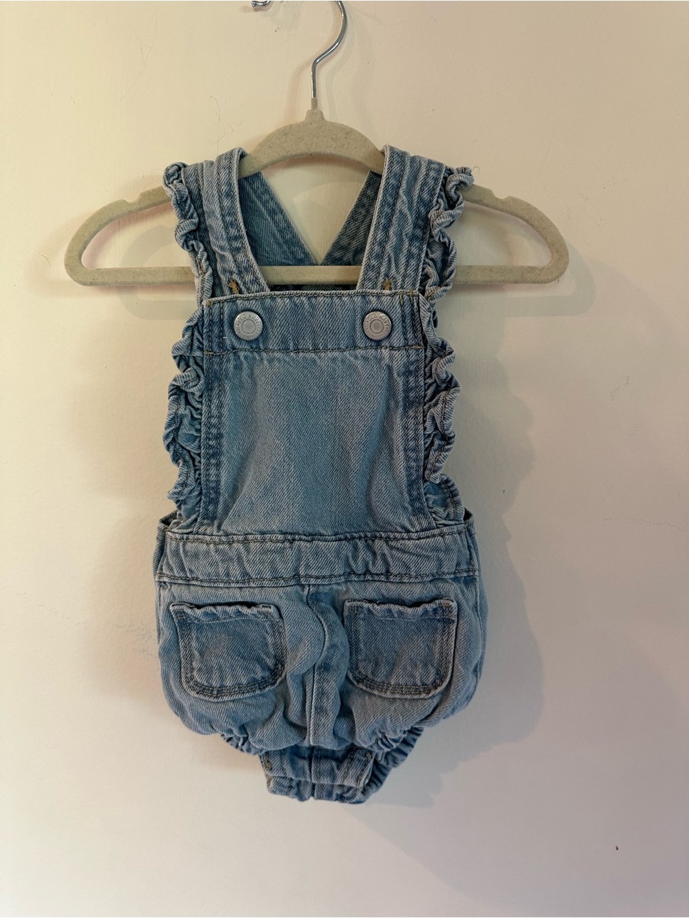 Old Navy Light Blue Denim Ruffle Strap Overall Romper. Size 6-12